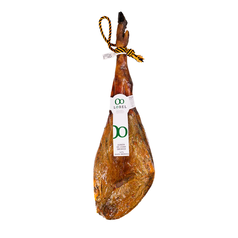 Jamón Cebo 50% Raza Ibérica (criado en granja a base de piensos) ofrece un sabor directo y una textura firme.