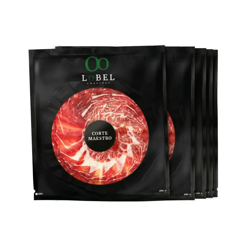 Sobres 100gr Jamon Bellota 50% Raza Iberica Cortado a Cuchillo, sabor de Salamanca con Ribera del Duero.