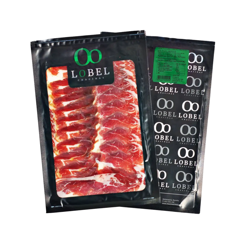 Jamón Cebo Campo 50% Raza Ibérica Loncheado Lobel en Salamanca, jugosidad perfecta con vino de Toro.