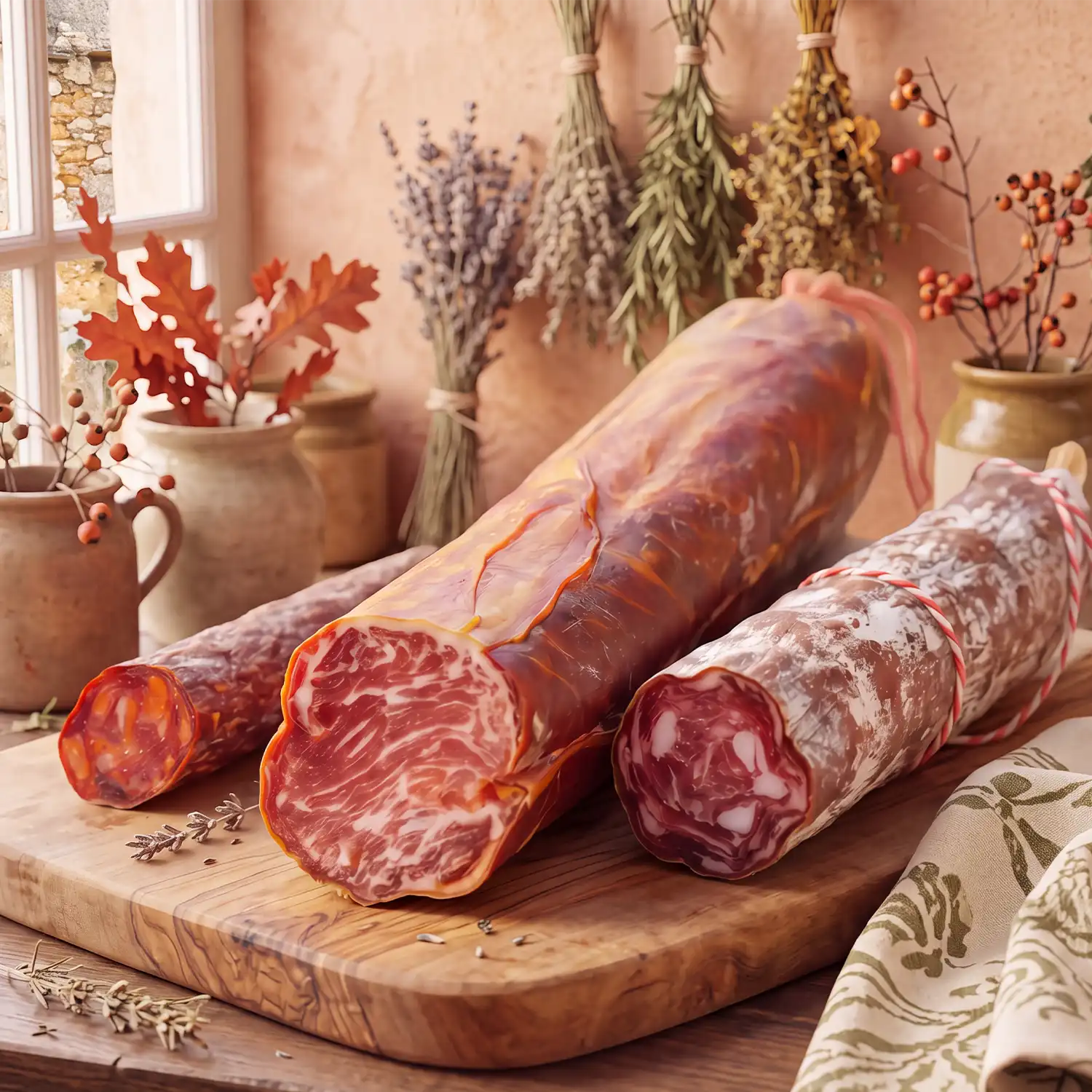 Variedad de embutidos artesanos como chorizo y salchichón ibérico en sarta - Categoría Embutidos.