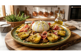 Alcachofas con burrata y virutas de jamón ibérico: una receta fácil, elegante y llena de sabor.